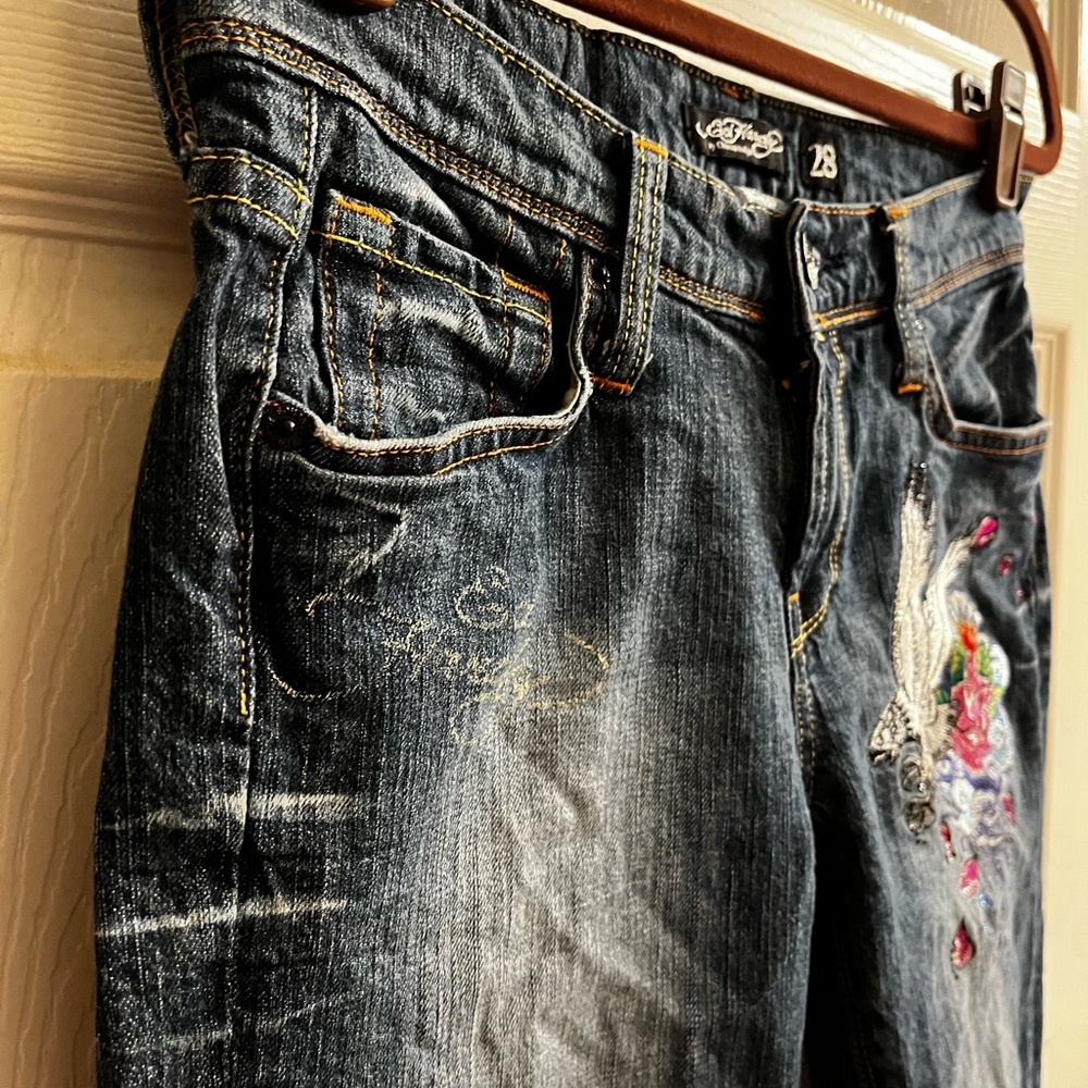 ULTRA RARE~ED HARDY~ TATTOO JEANS ~ SKINNY RAW HEM ~ MIXED MEDIA ~ DOVE~28 - Picture 16 of 16